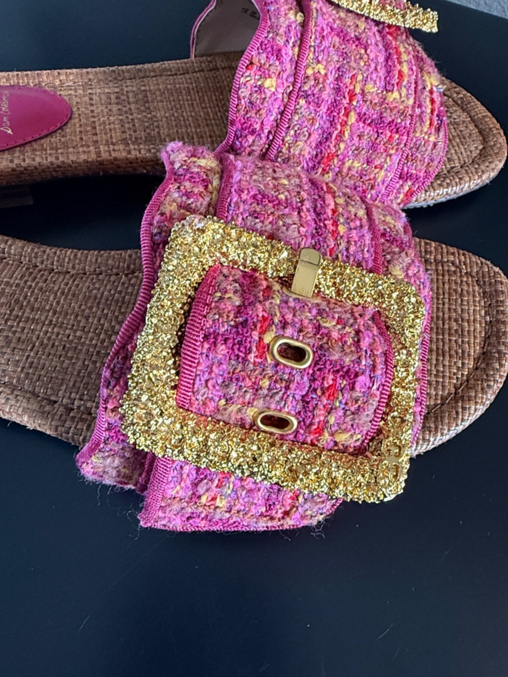 Sam Edelman Bambi 2 Pink Tweed Slide Sandals with Gold Buckles - Picture 10 of 12